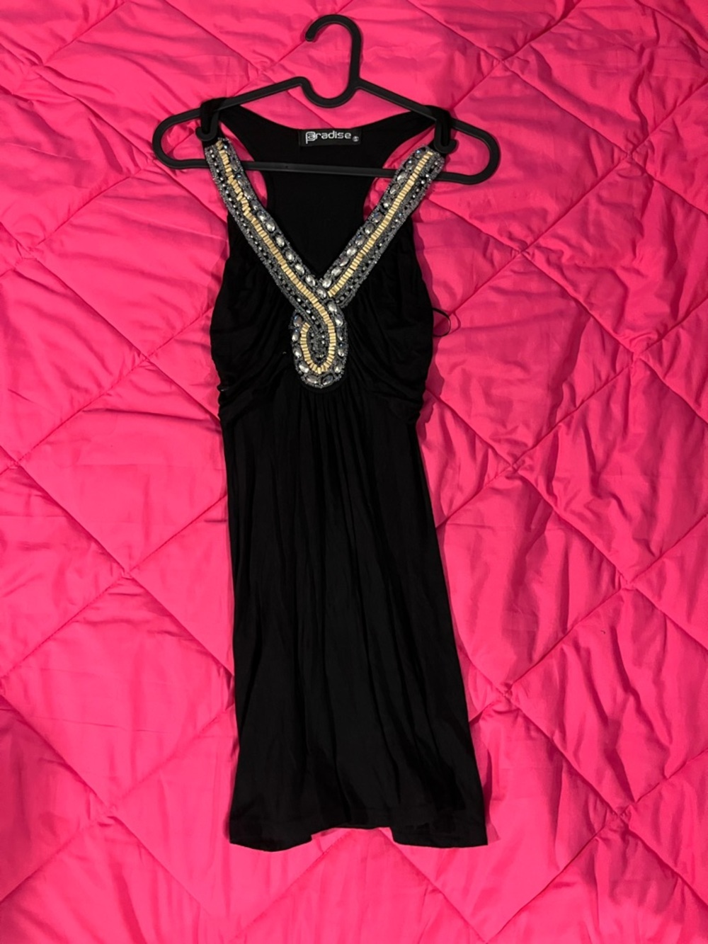 Paradise Embellished Black V-Neck Tank